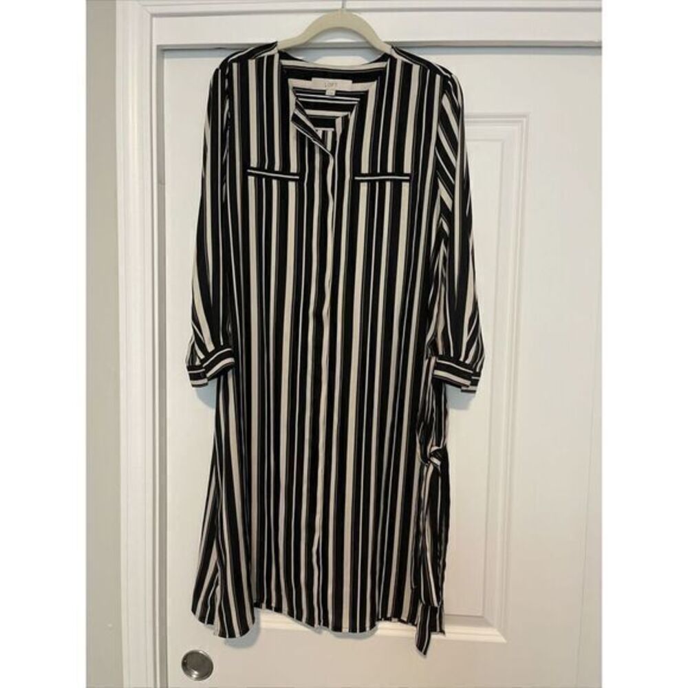LOFT Shirt Dress Sz 8 Tie Waist Black Cream Stripe Button 3/4Sleeve